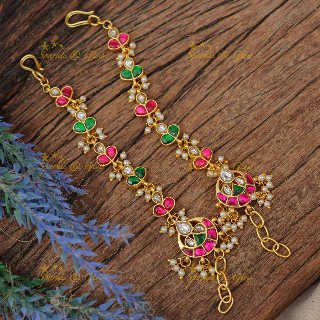 Elegant Half Moon Floral Jadau Kundan Pearl Ear Chain