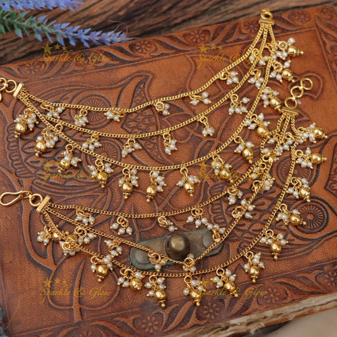 Elegant Three Layered Gold Alike Earchain with Pearls
