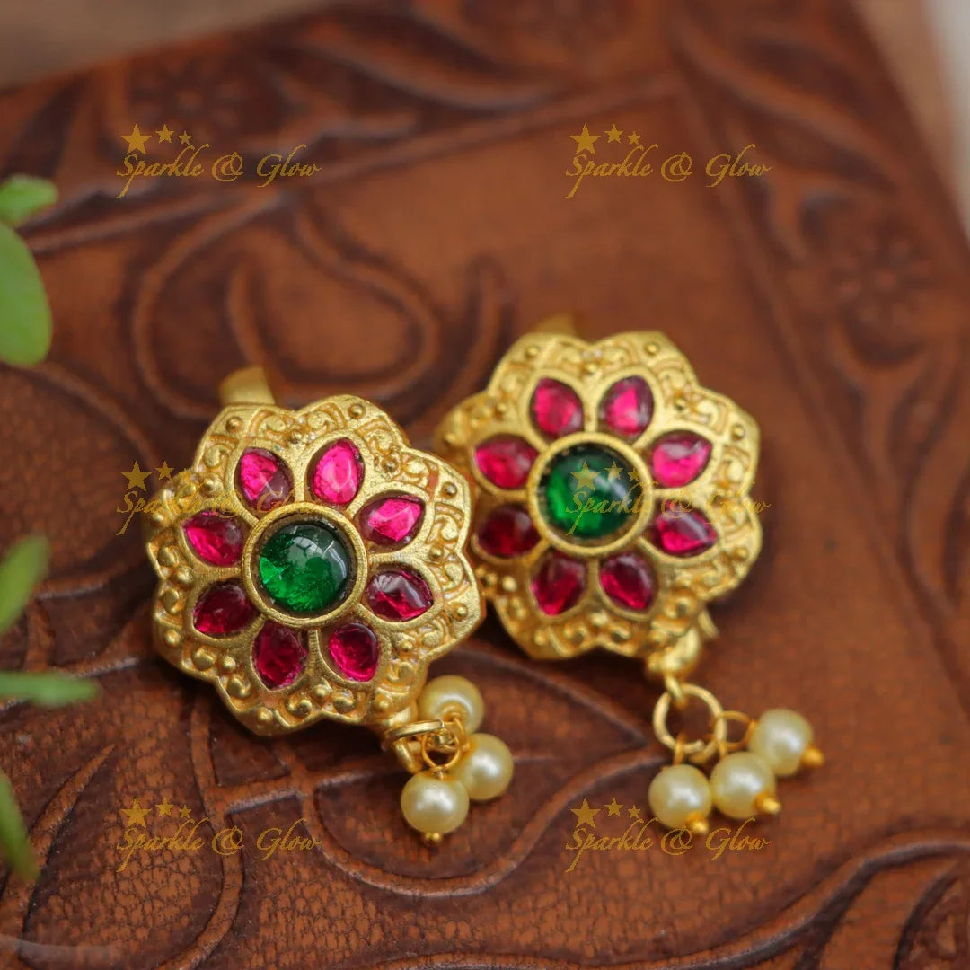Grand Sunflower Jadau Kundan Bugadi Earrings with Pearls
