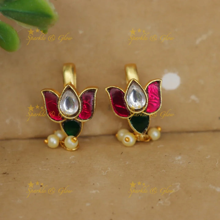 Lotus Jadau Kundan Bugadi Earrings in Pink – Sparkling Touch