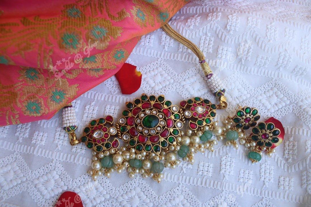 Jadau Stones silver replica choker with Multi Green Beads - Sparkle and Glow