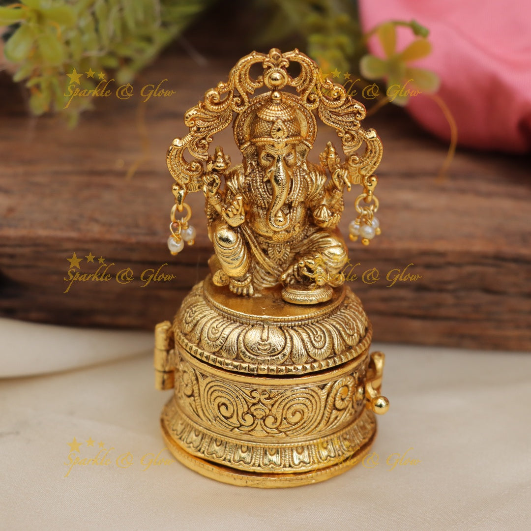 Stunning Ganesha Temple Carved Kumkum Box in Gold Finish