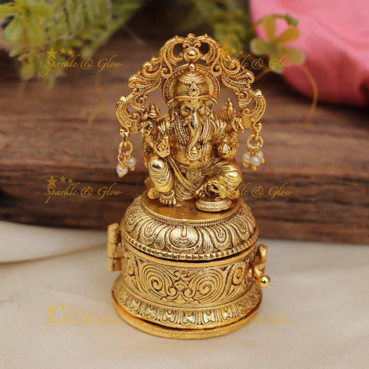 Stunning Ganesha Temple Carved Kumkum Box in Gold Finish