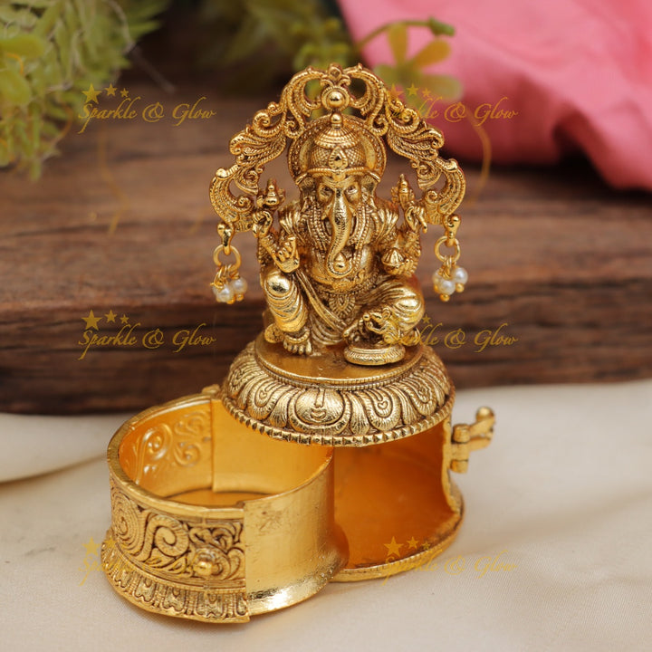 Stunning Ganesha Temple Carved Kumkum Box in Gold Finish