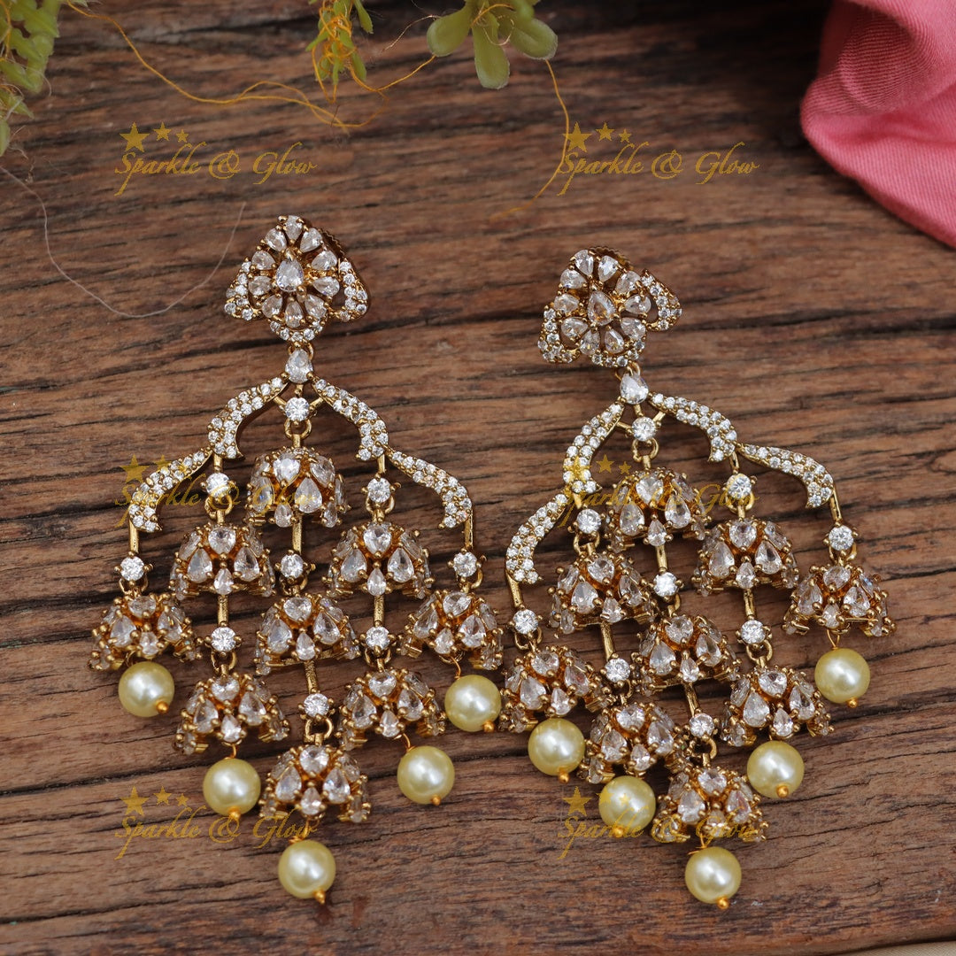 Grand Victorian AD Crown Earrings with Jhumka Drops
