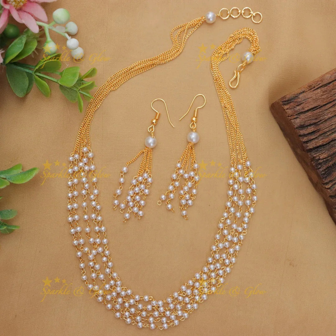 Stunning Five Layered Pearl Beaded Necklace with Earrings