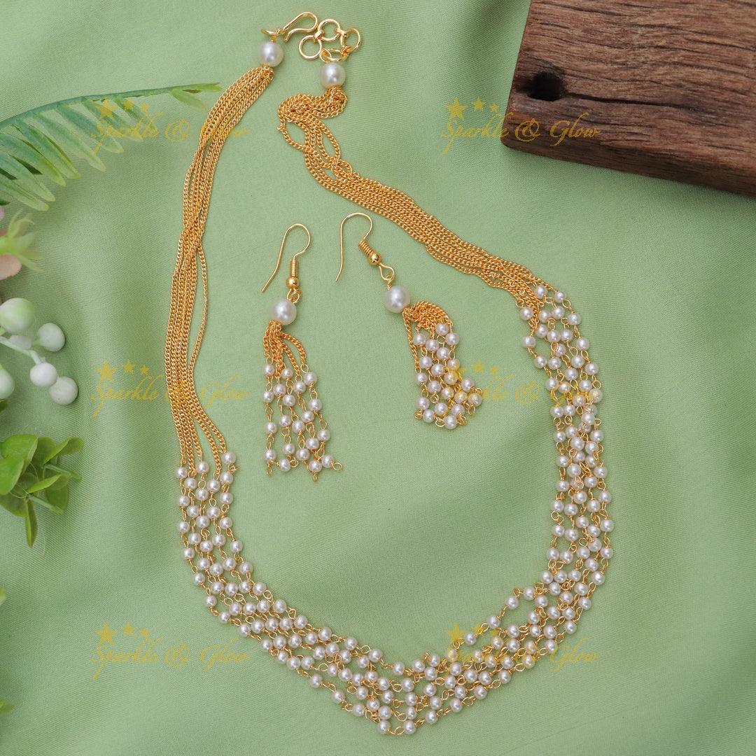 Stunning Five Layered Pearl Beaded Necklace with Earrings