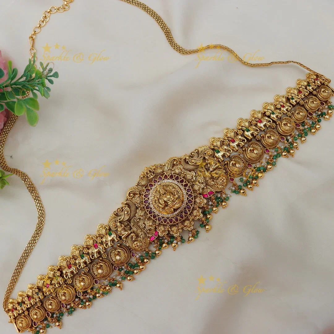 Grand Lakshmi Peacock Elephant carved Kemp Bridal Hip chain