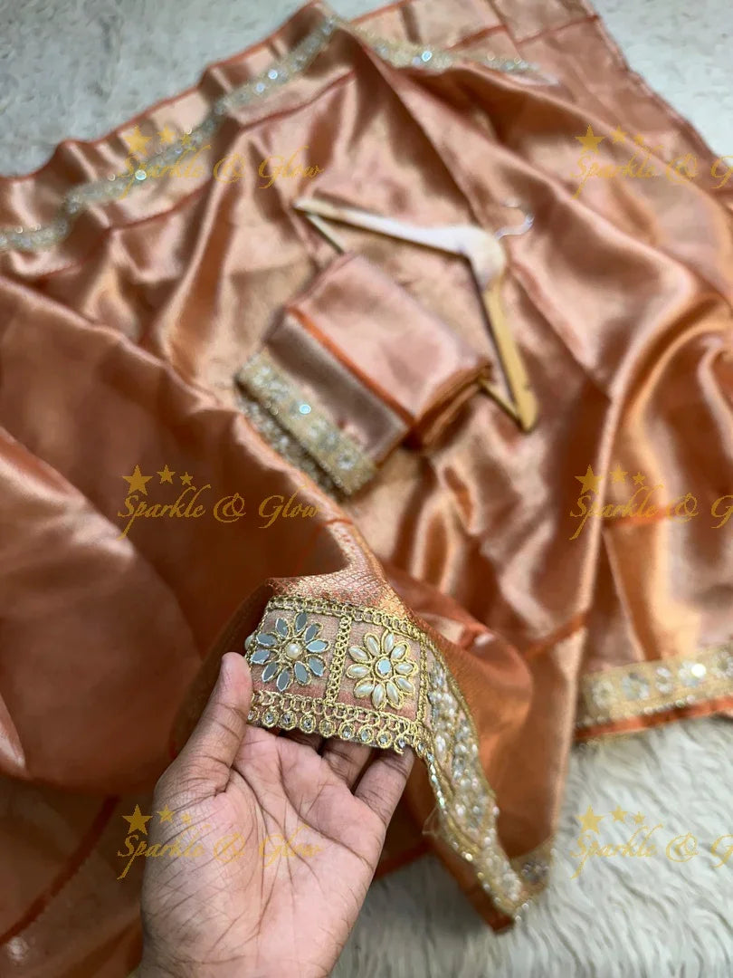 Premium Peach Gold Kanjivaram Silk Saree with Embellished Border