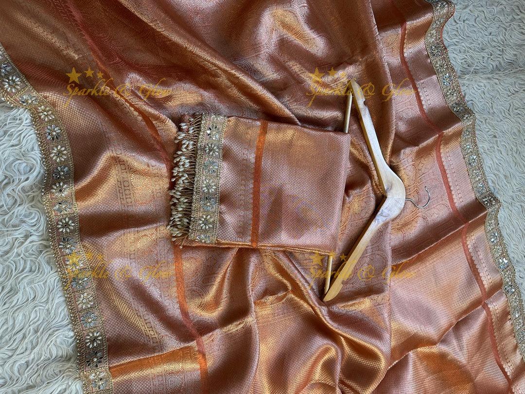 Premium Peach Gold Kanjivaram Silk Saree with Embellished Border