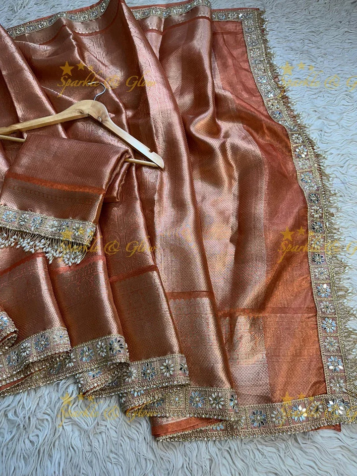 Premium Peach Gold Kanjivaram Silk Saree with Embellished Border