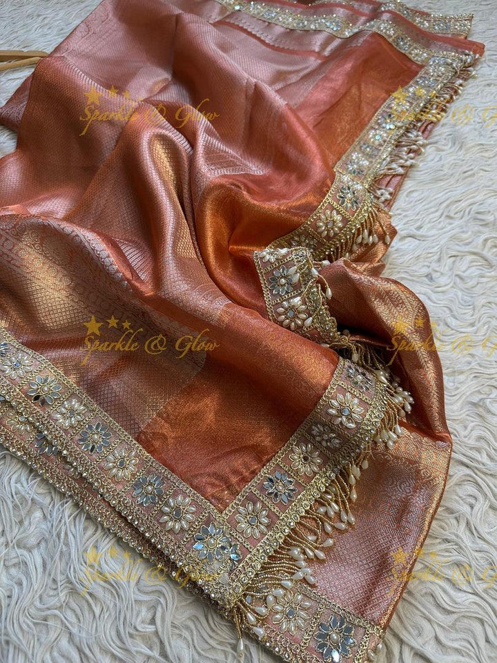 Premium Peach Gold Kanjivaram Silk Saree with Embellished Border