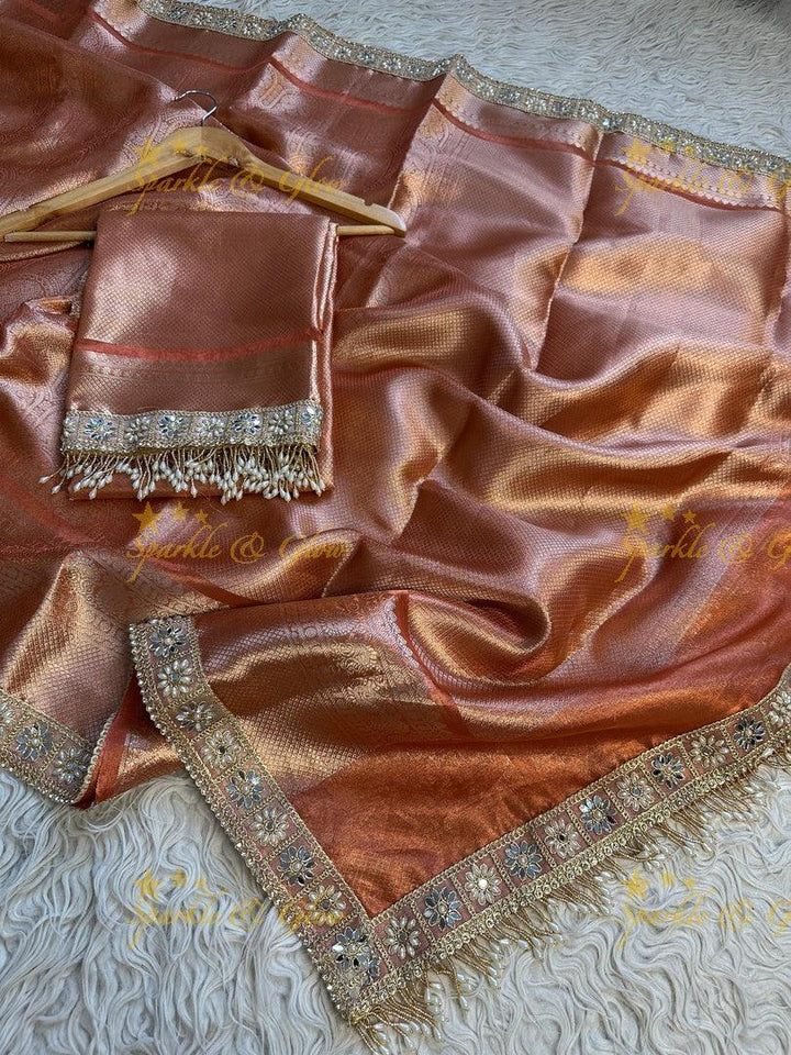 Premium Peach Gold Kanjivaram Silk Saree with Embellished Border