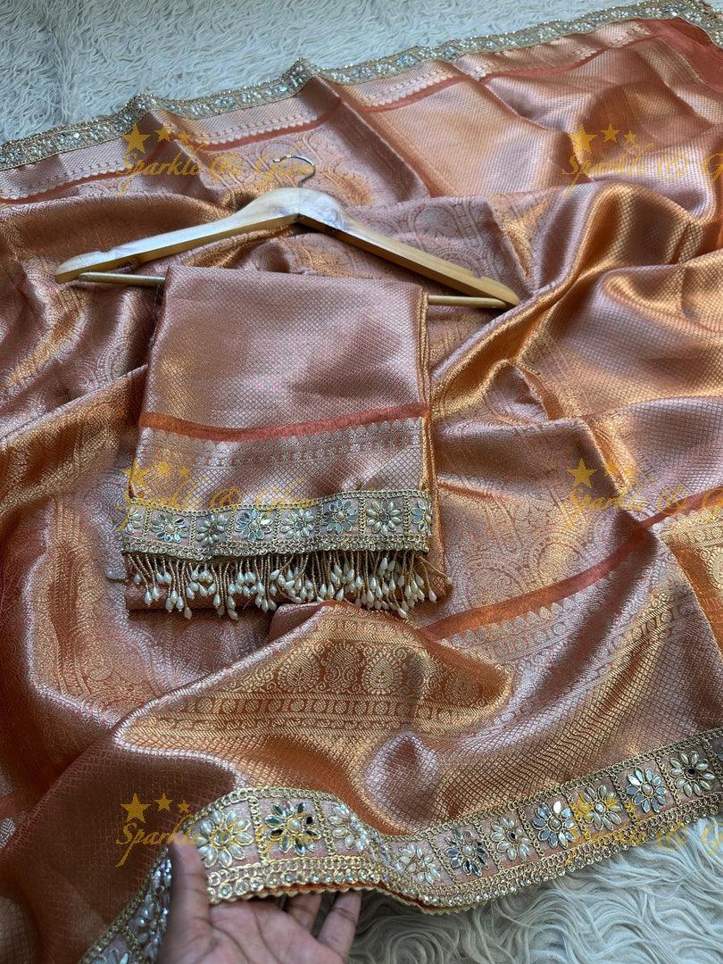 Premium Peach Gold Kanjivaram Silk Saree with Embellished Border