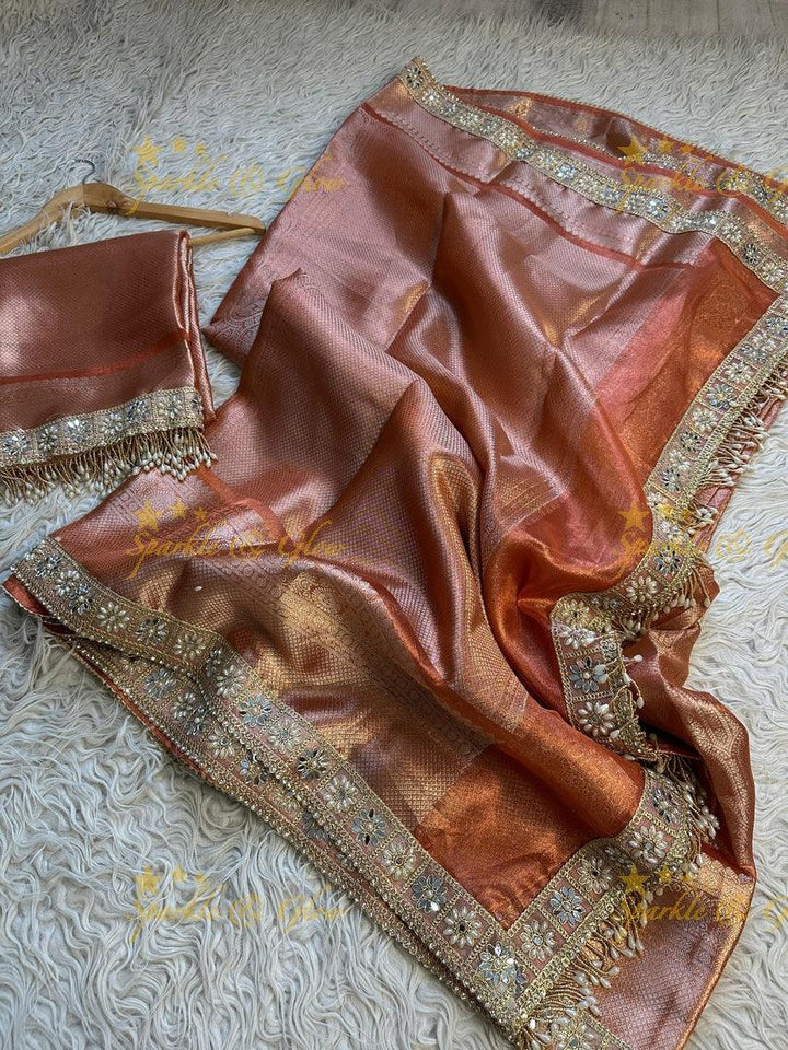 Premium Peach Gold Kanjivaram Silk Saree with Embellished Border