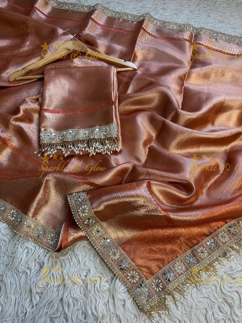 Premium Peach Gold Kanjivaram Silk Saree with Embellished Border