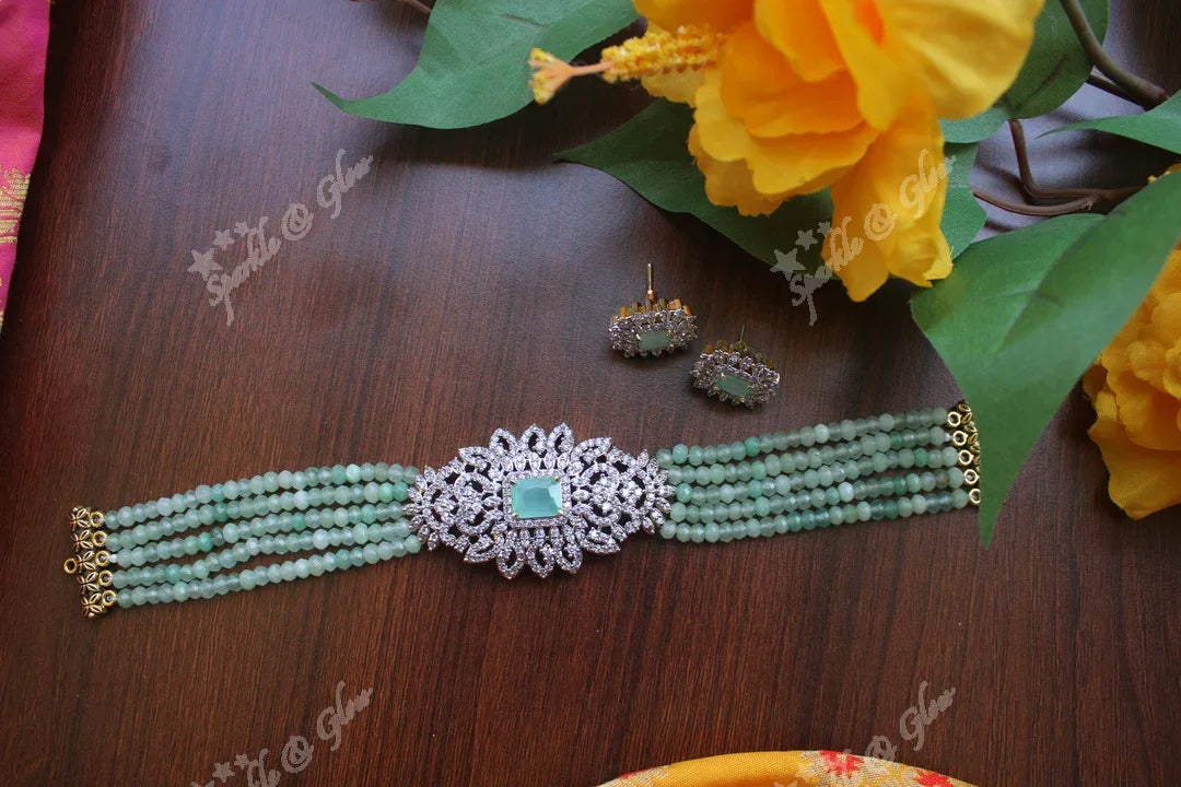 White AD Stones gold polished high neck beads choker - Sky Blue - Sparkle and Glow