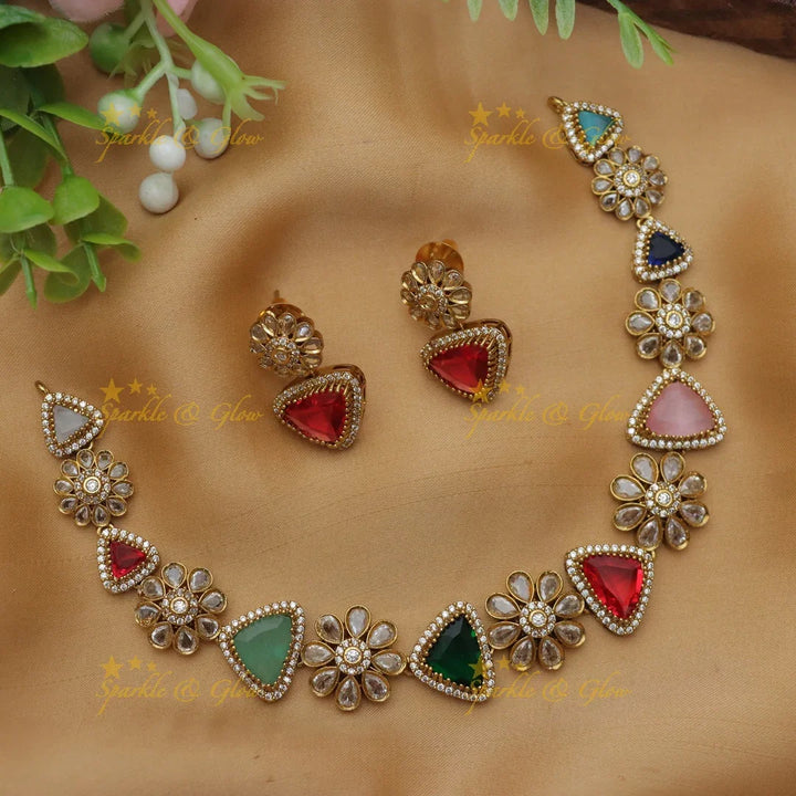 Exquisite Navarathna Necklace with Floral Motifs