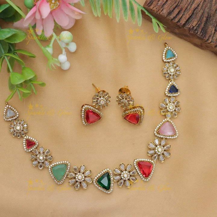 Exquisite Navarathna Necklace with Floral Motifs
