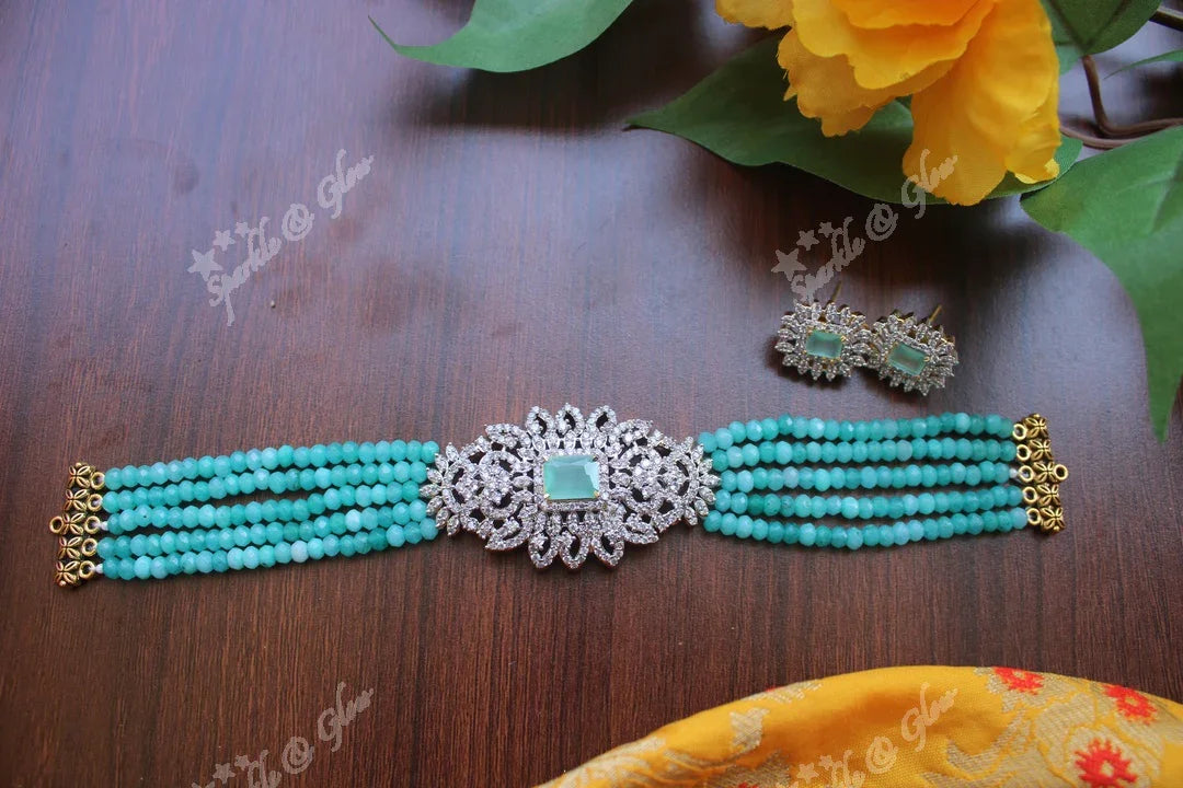 White AD Stones gold polished high neck beads choker - Sky Blue - Sparkle and Glow