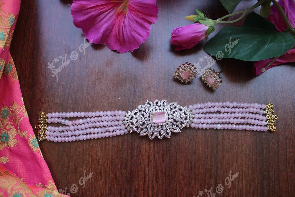 White AD Stones gold polished high neck beads choker - Sky Blue - Sparkle and Glow