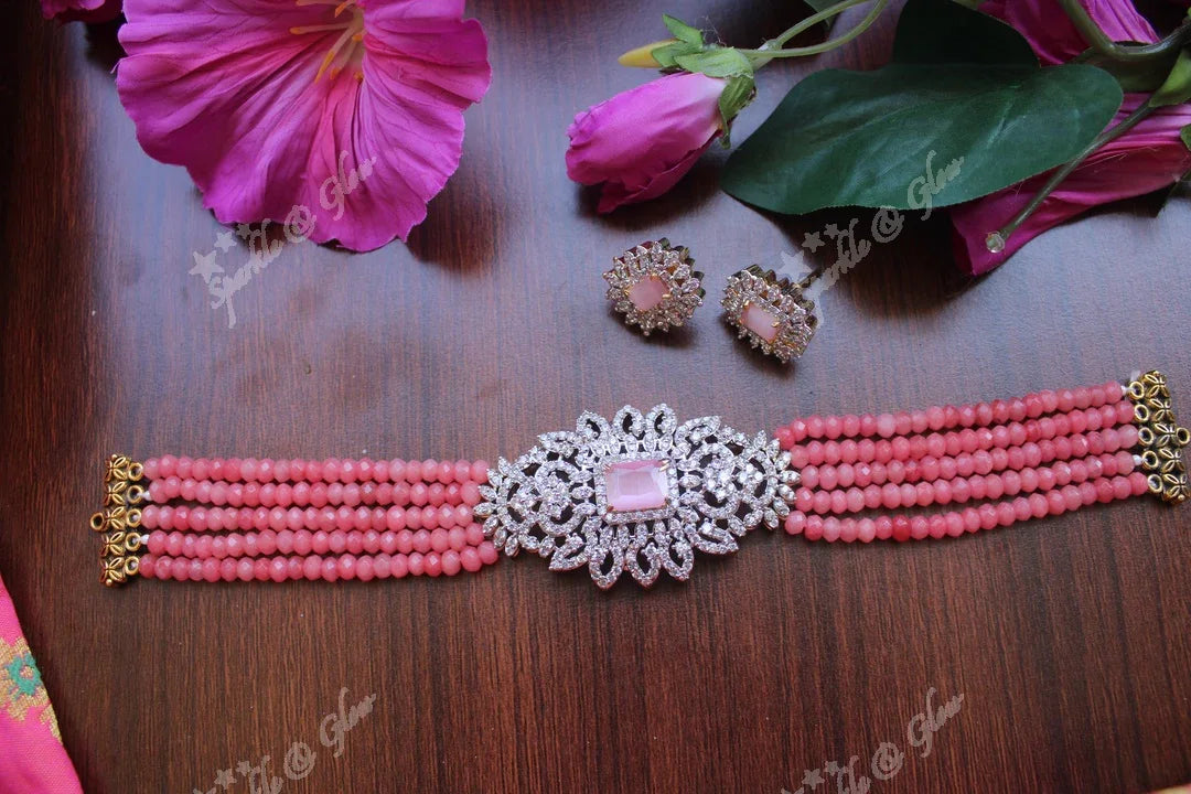 White AD Stones gold polished high neck beads choker - Sky Blue - Sparkle and Glow