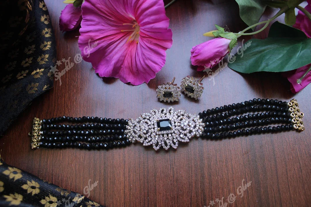 White AD Stones gold polished high neck beads choker - Sky Blue - Sparkle and Glow