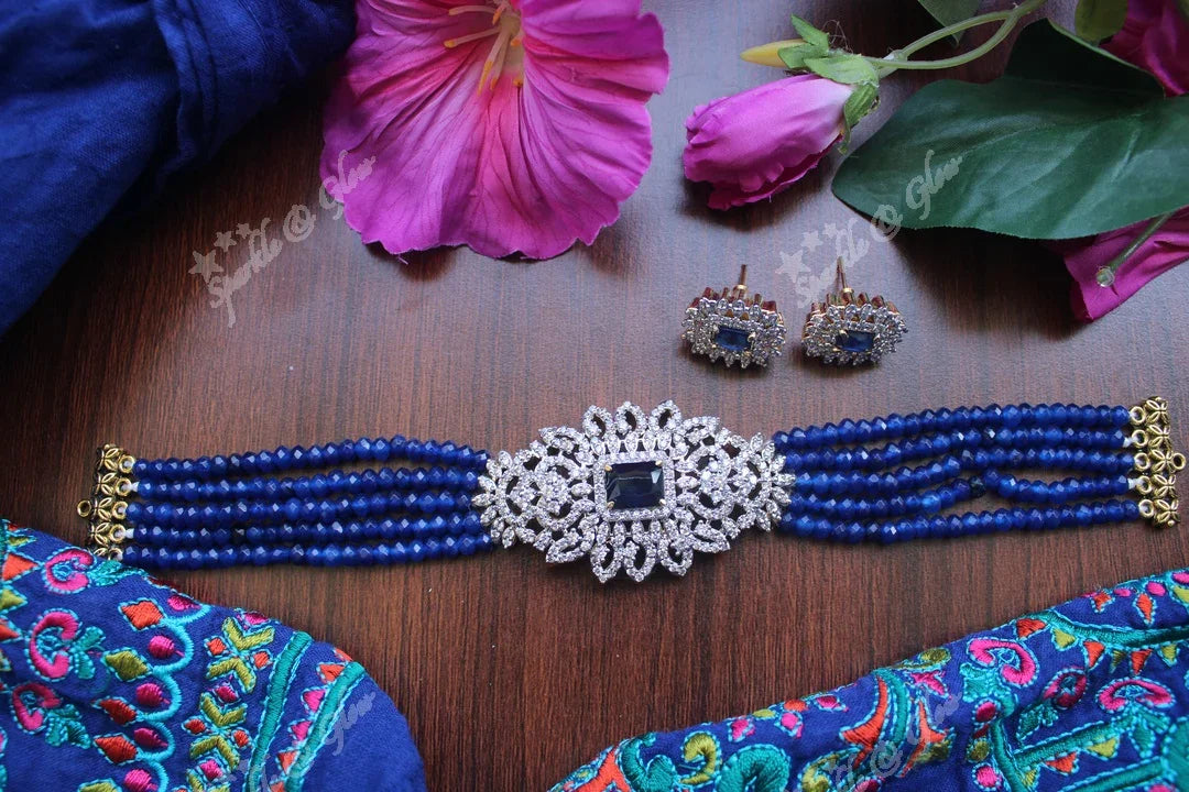 White AD Stones gold polished high neck beads choker - Sky Blue - Sparkle and Glow