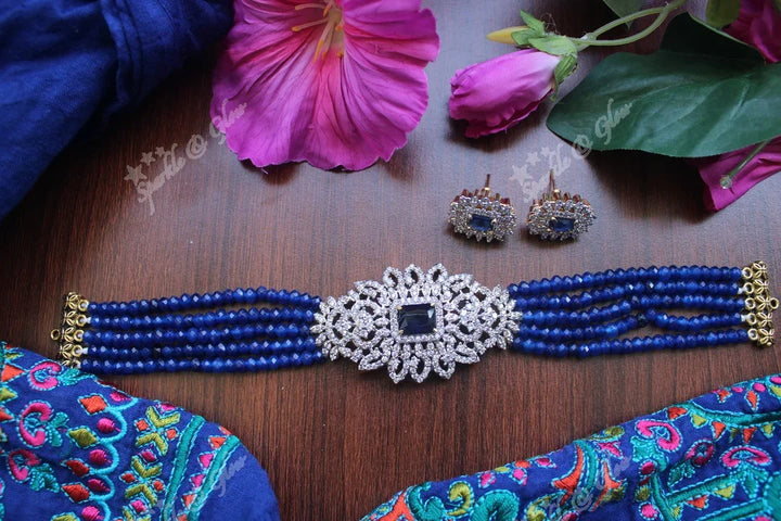 White AD Stones gold polished high neck beads choker - Sky Blue - Sparkle and Glow