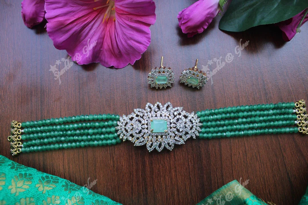 White AD Stones gold polished high neck beads choker - Sky Blue - Sparkle and Glow