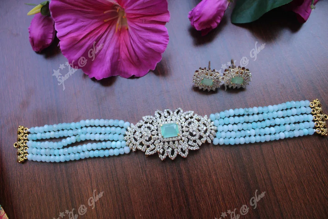 White AD Stones gold polished high neck beads choker - Sky Blue - Sparkle and Glow