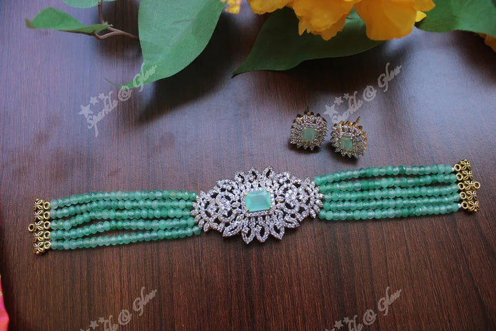 White AD Stones gold polished high neck beads choker - Sky Blue - Sparkle and Glow