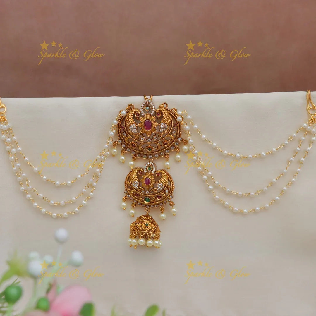 Temple Design Jadabilla Hair Ornament with Pearls & Jhumka