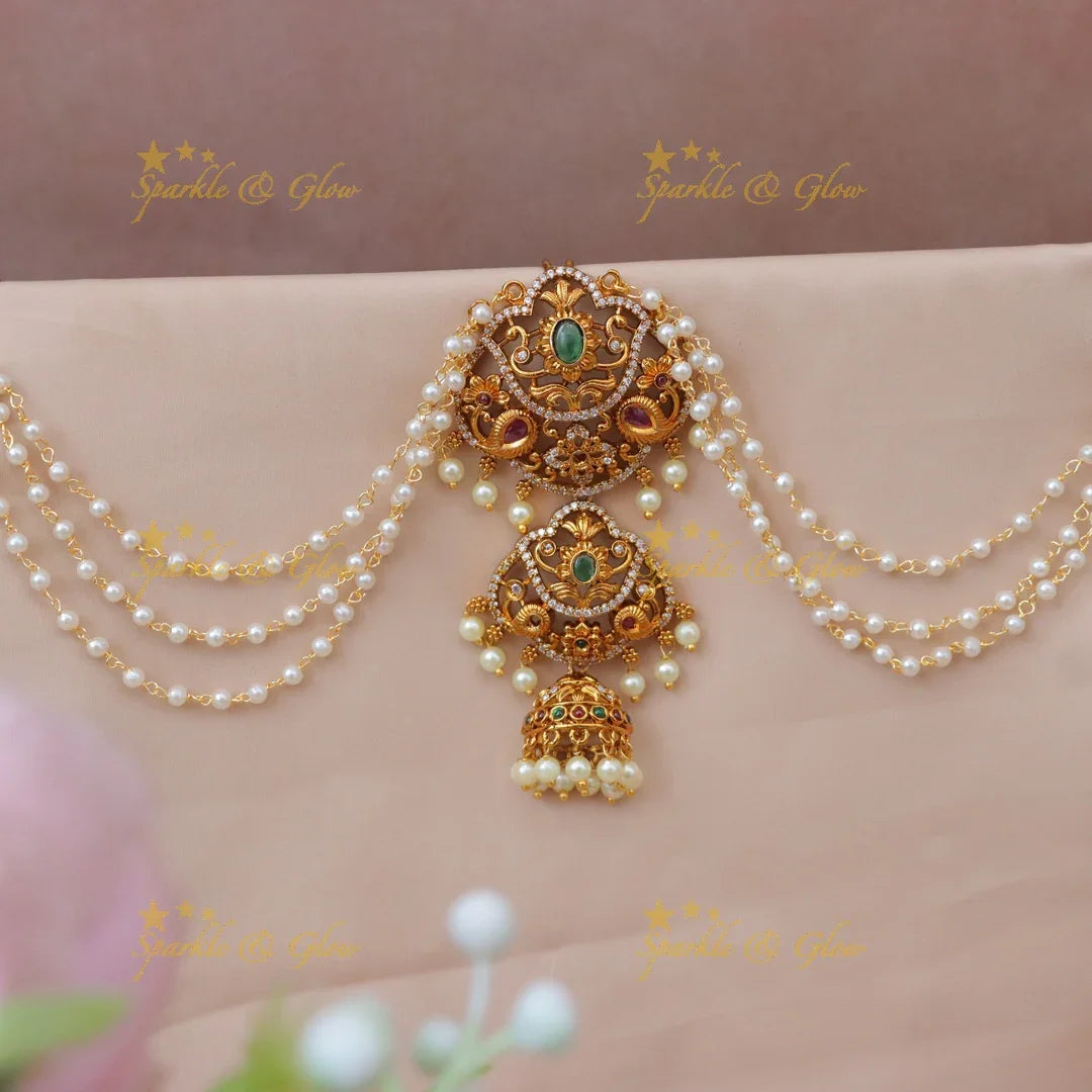 Antique Gold alike Temple Jadabilla with Pearl Chains
