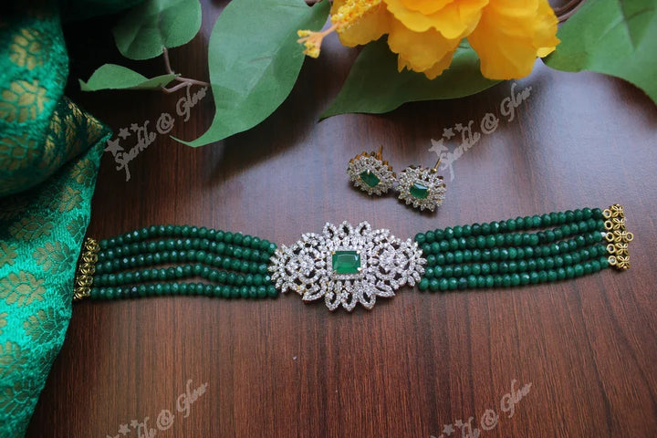 White AD Stones gold polished high neck beads choker - Sky Blue - Sparkle and Glow