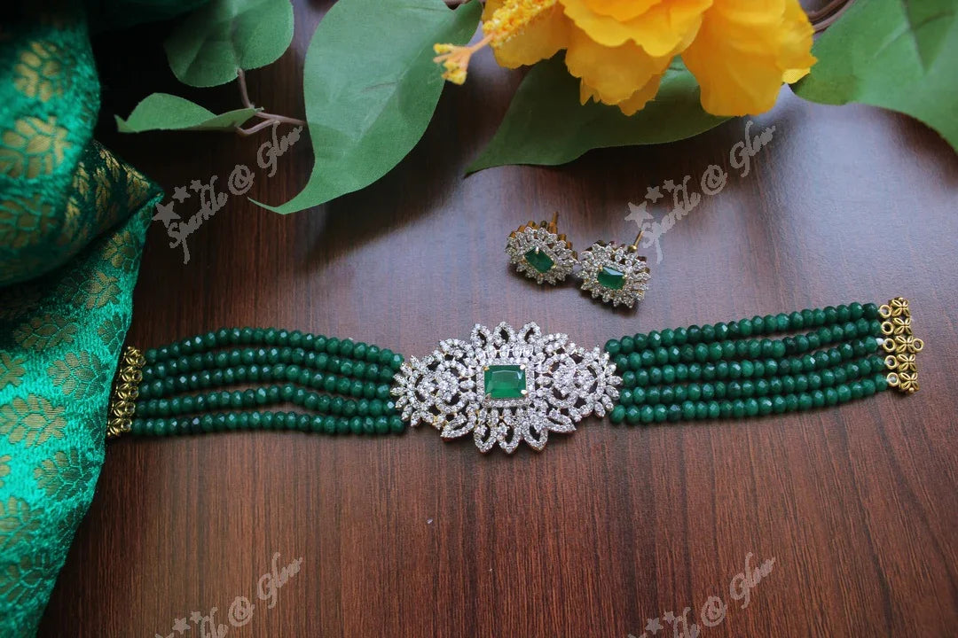 White AD Stones gold polished high neck beads choker - Sky Blue - Sparkle and Glow