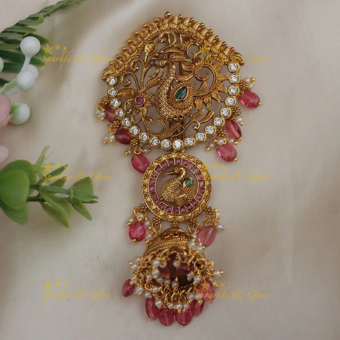 Traditional Peacock Kemp Hair Pin with Jhumka Drop