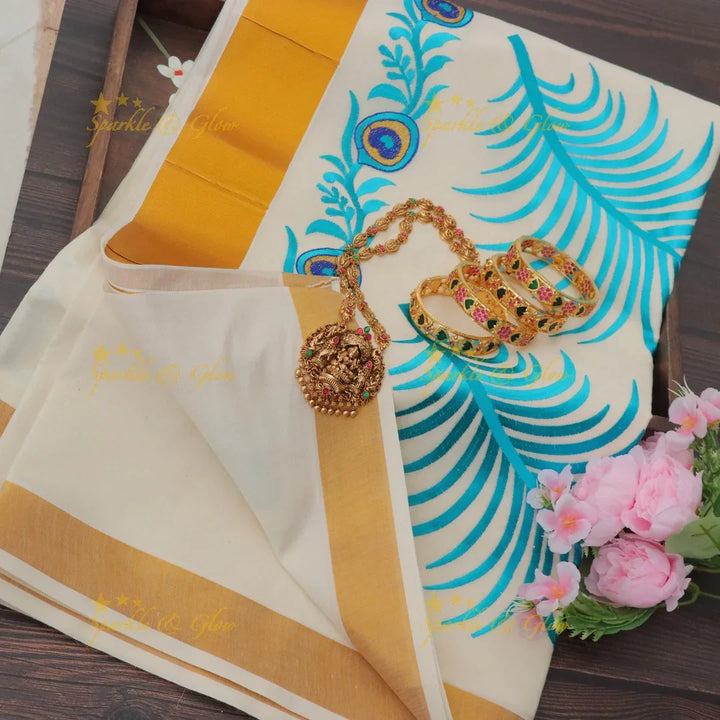Traditional Peacock Feather Embroidery Kerala Kasavu Saree