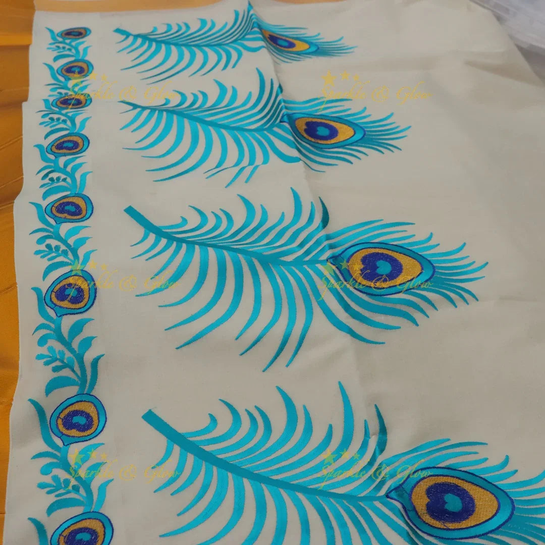 Traditional Peacock Feather Embroidery Kerala Kasavu Saree