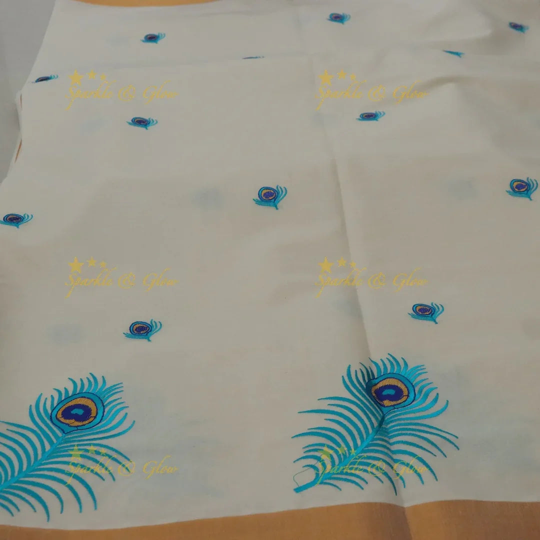 Traditional Peacock Feather Embroidery Kerala Kasavu Saree