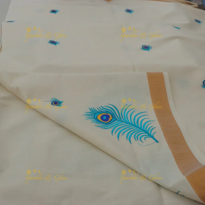 Traditional Peacock Feather Embroidery Kerala Kasavu Saree