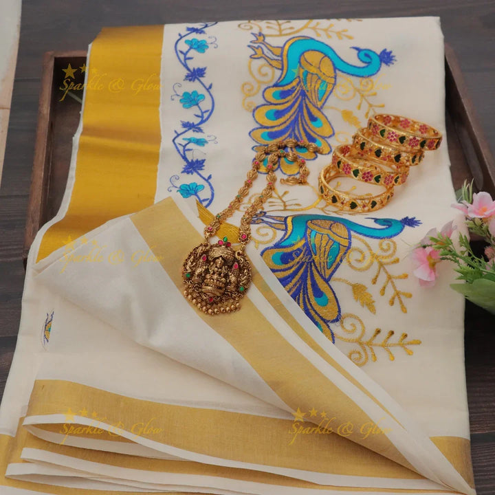 Traditional Peacock Leaf Floral Embroidery Kerala Saree