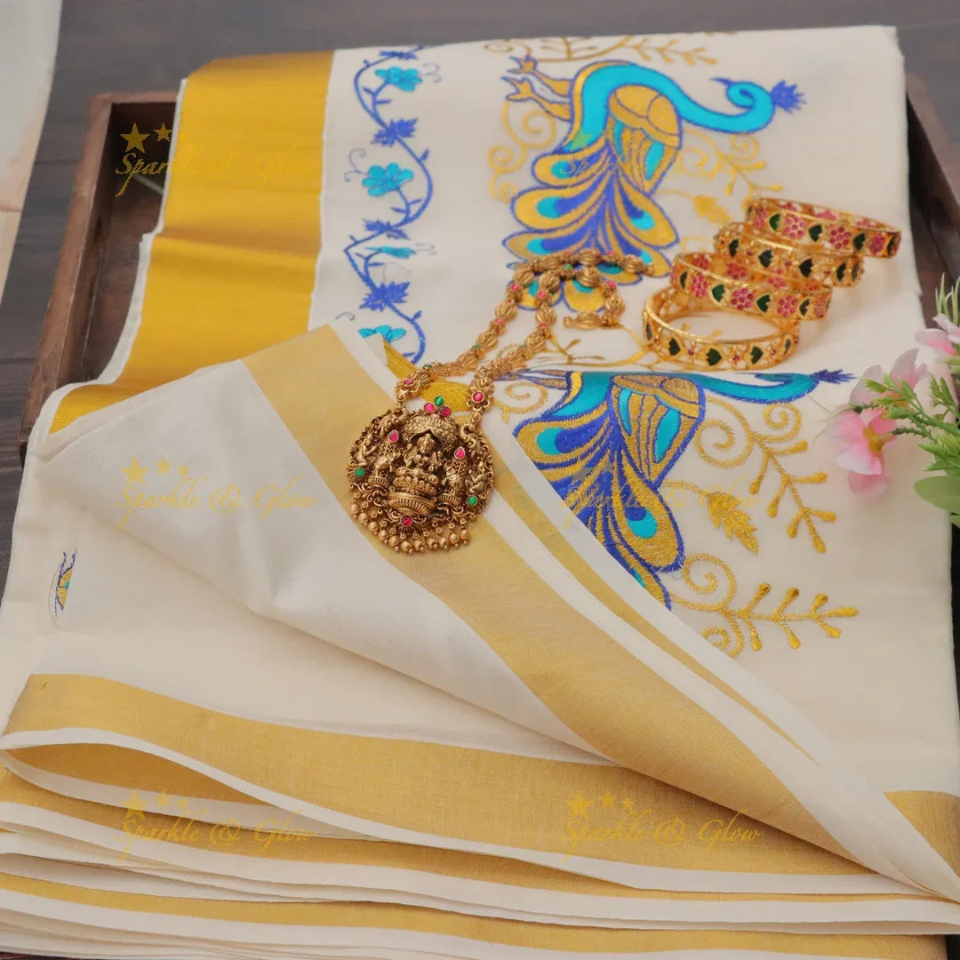 Traditional Peacock Leaf Floral Embroidery Kerala Saree