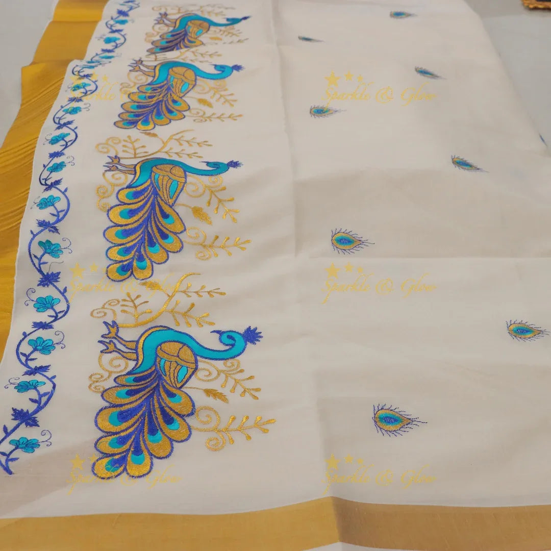Traditional Peacock Leaf Floral Embroidery Kerala Saree