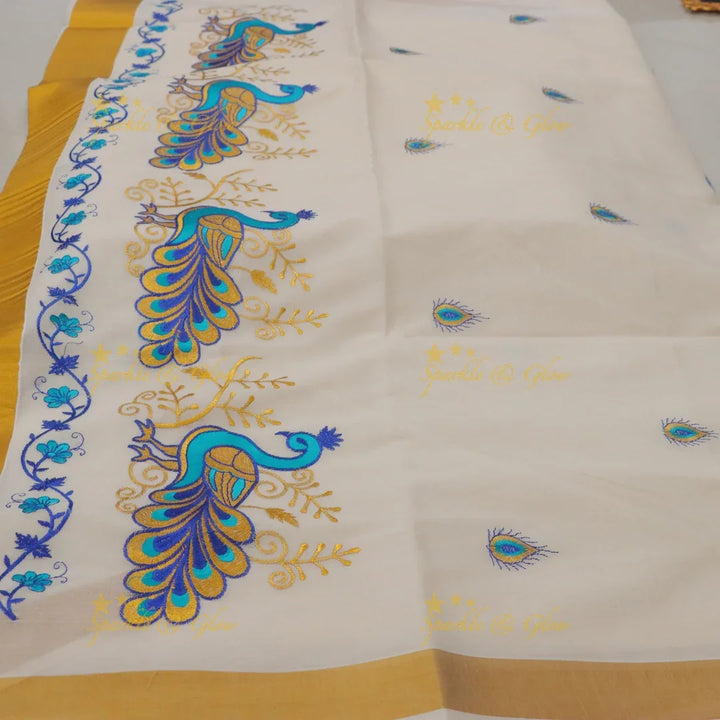 Traditional Peacock Leaf Floral Embroidery Kerala Saree