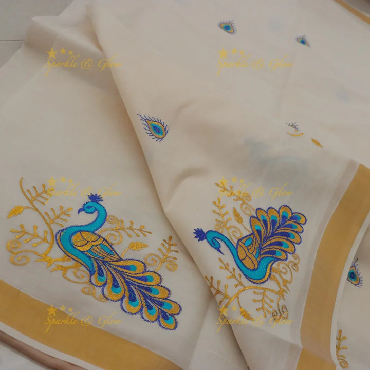Traditional Peacock Leaf Floral Embroidery Kerala Saree