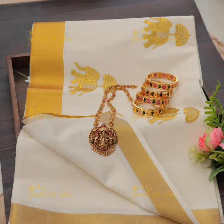 Traditional Bridal Procession Embroidery Kerala Saree