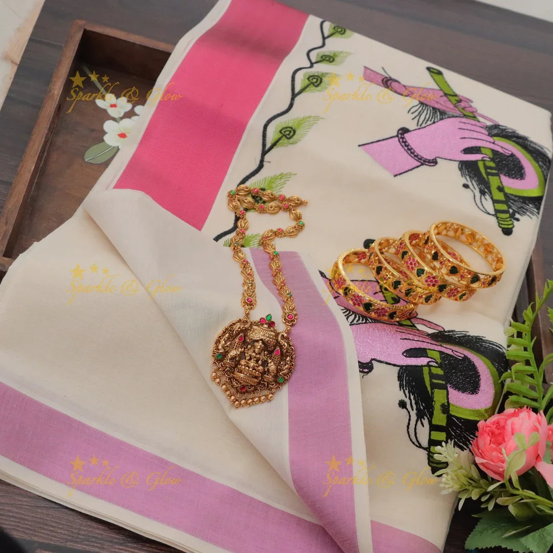 Traditional Flute Peacock Embroidery Kerala Saree