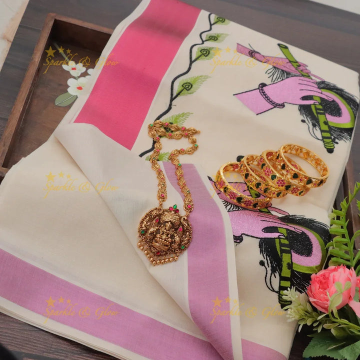 Traditional Flute Peacock Embroidery Kerala Saree