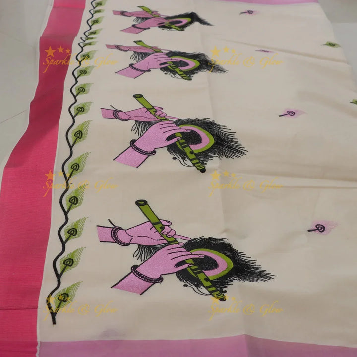 Traditional Flute Peacock Embroidery Kerala Saree